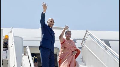 Indian President Ram Nath Kovind with First Lady Savita Kovind wave at the people, as they depart for their official visits to Turkmenistan and the Netherlands, in New Delhi, on Friday. (PTI) Indian President Ram Nath Kovind with First Lady Savita Kovind wave at the people, as they depart for their official visits to Turkmenistan and the Netherlands, in New Delhi, on Friday. (PTI)