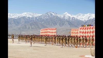 The Raising Day Parade of ITBP’s North-West Frontier underway in Leh on Friday.