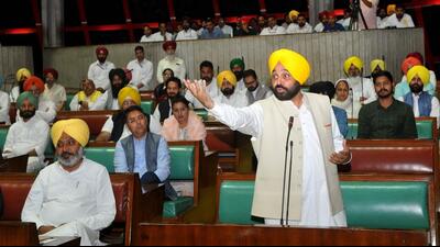 Punjab chief minister Bhagwant Mann delivering a speech during the one-day special Punjab Vidhan Sabha session in Chandigarh on Friday. (Ravi Kumar/HT)