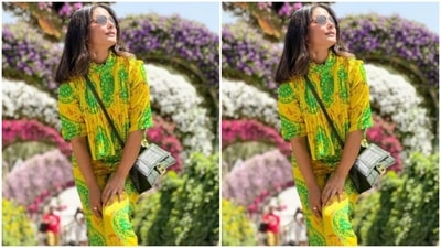 In tinted shades and rings, Hina looked just too stunning. Hina wore her straight shoulder-length tresses open with a middle part. (Instagram/@realhinakhan)