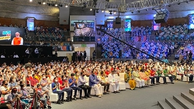 Pariksha Pe Charcha: Students, their parents and teachers waiting for the event to start at Talkatora Stadium, Delhi.