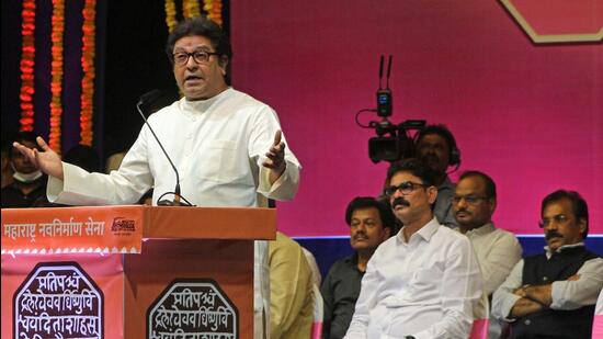 Maharashtra Navnirman Sena chief Raj Thackeray at party’s 16th foundation day in Pune. HT File Photo