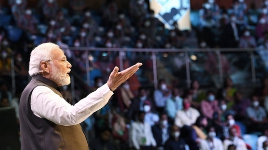 Prime Minister Narendra Modi interacting with the students, teachers and parents during the 5th edition of Pariksha Pe Charcha, at Talkatora Stadium, in New Delhi on Friday. (ANI Photo)