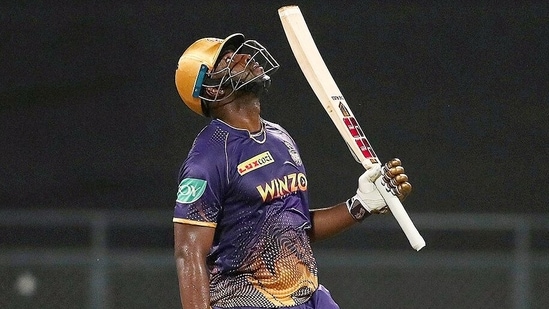 Kolkata Knight Riders Andre Russell celebrate his half century during the IPL 2022 match between Kolkata Knight Riders and Punjab Kings at Wankhede Stadium in Mumbai on Friday(ANI)