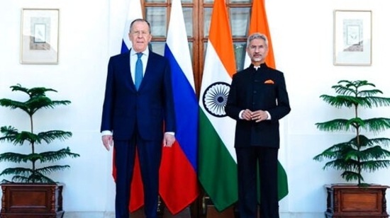 Foreign minister S Jaishankar and his Russian counterpart Sergei Lavrov stand for photographs before their meeting in New Delhi. (AP)