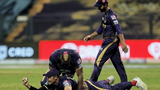 Tim Southee of the Kolkata Knight Riders taking a catch during match 8 of the TATA Indian Premier League 2022(PTI)