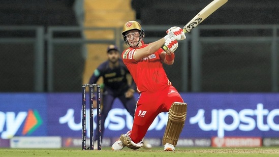 Liam Livingstone of Punjab Kings hitting a four during match 8 of the TATA Indian Premier League 2022(PTI)