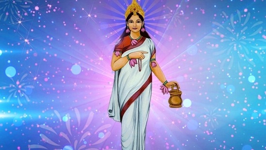 Goddess Brahmacharini: She is believed to be an unmarried form of Goddess Parvati. Her name means, 'one who practices devout austerity.' She holds a rosary in her right hand and the 'kamandal' in her left.Maa Brahmacharini(Pinterest)