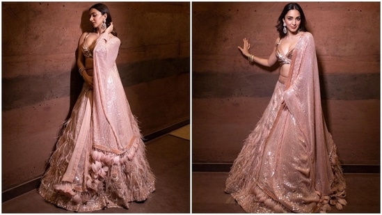 Kiara Advani stunned in this dreamy rose gold lehenga set by ace designer Manish Malhotra.(Instagram/@kiaraaliaadvani)