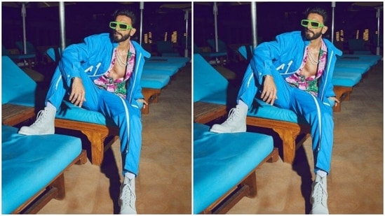 Ranveer put his sartorial foot forward and chose to go with a multicoloured shirt and set major beach fashion goals. The shirt, showing off his chest, came in quirky shades of pink, white and green.(Instagram/@ranveersingh)
