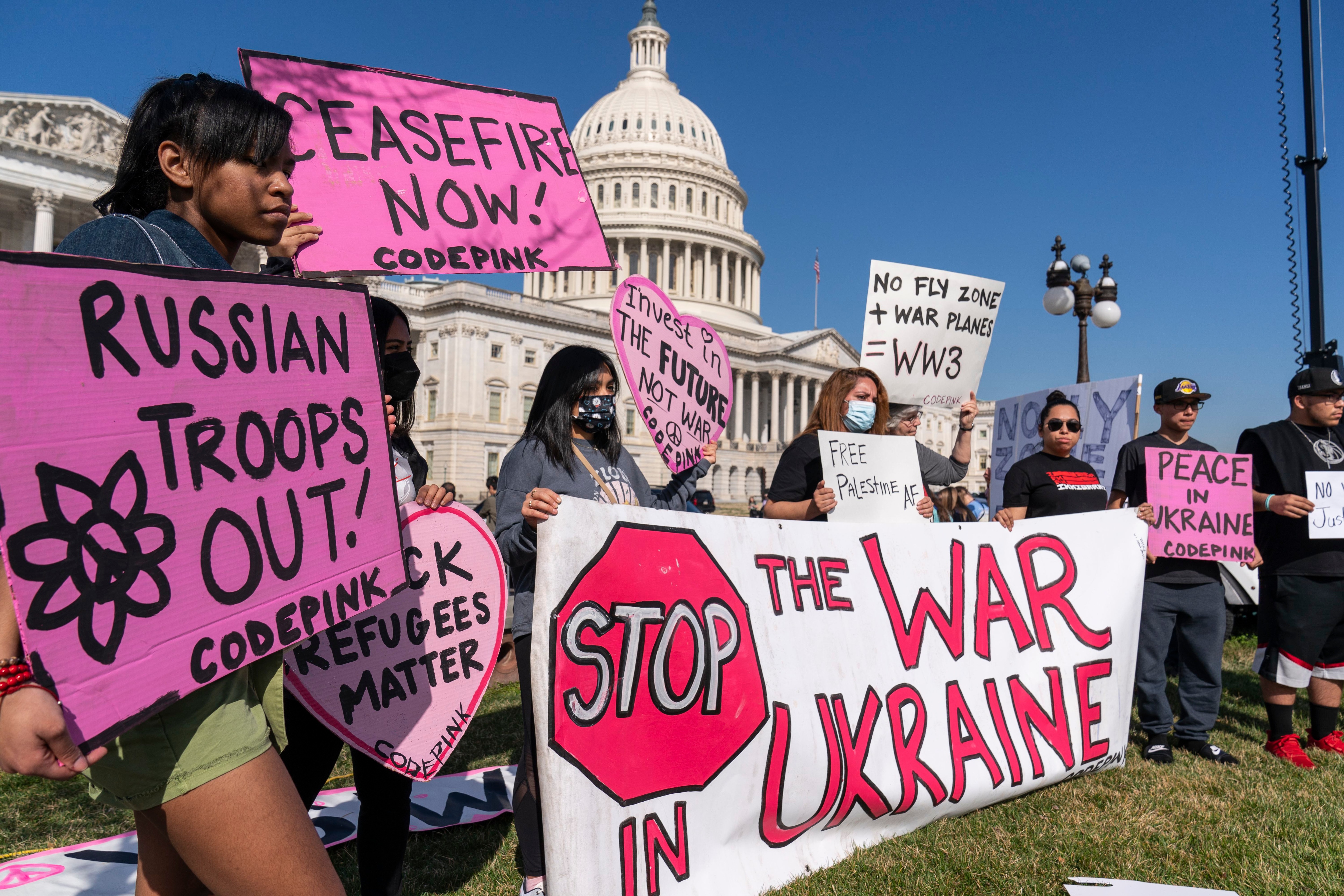 Activists protest the Russia-Ukraine war on the East Front of the US Capitol, Washington. (AP) Activists protest the Russia-Ukraine war on the East Front of the US Capitol, Washington. (AP)