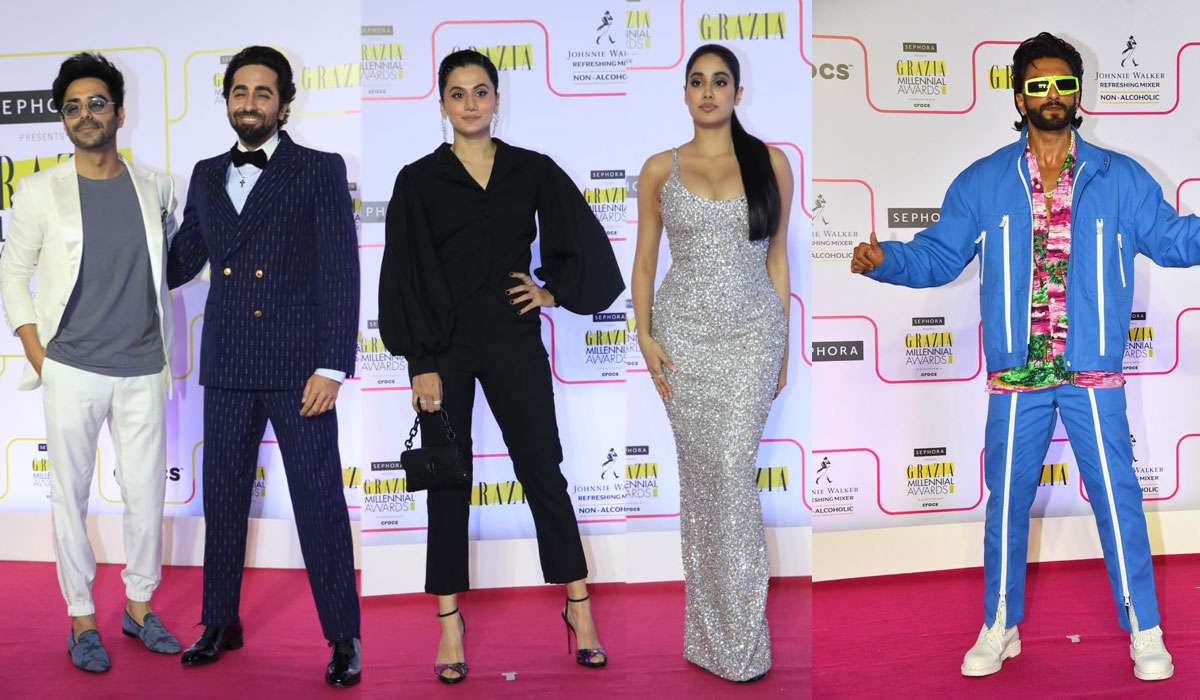 Aparshakti Khurana, Ayushmann Khurrana, Taapsee Pannu, Janhvi Kapoor and Ranveer Singh at the Grazia Millennial Awards. (Varinder Chawla)