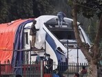 A replica of a coach of semi-high speed train Vande Bharat Express being installed at the premises of Rail Bhavan in New Delhi. The critics of the Silverline project in Kerala say while Silverline trains can run at a speed of 200 km per hour, Vande Bharat trains can take a speed of 180-200 kmph. (PTI)