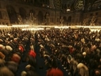 Muslim worshippers perform a night prayer called 'tarawih' during the eve of the first day of the Muslim holy fasting month of Ramadan in Turkey at Hagia Sophia mosque in Istanbul, Turkey, Friday.&nbsp;