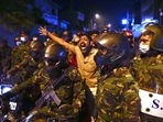A Sri Lankan man shouts anti government slogans during a protest outside Sri Lankan president's private residence on the outskirts of Colombo, Sri Lanka,&nbsp;
