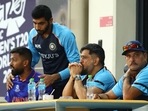 Ravi Shastri with MS Dhoni, Jasprit Bumrah and Hardik Pandya