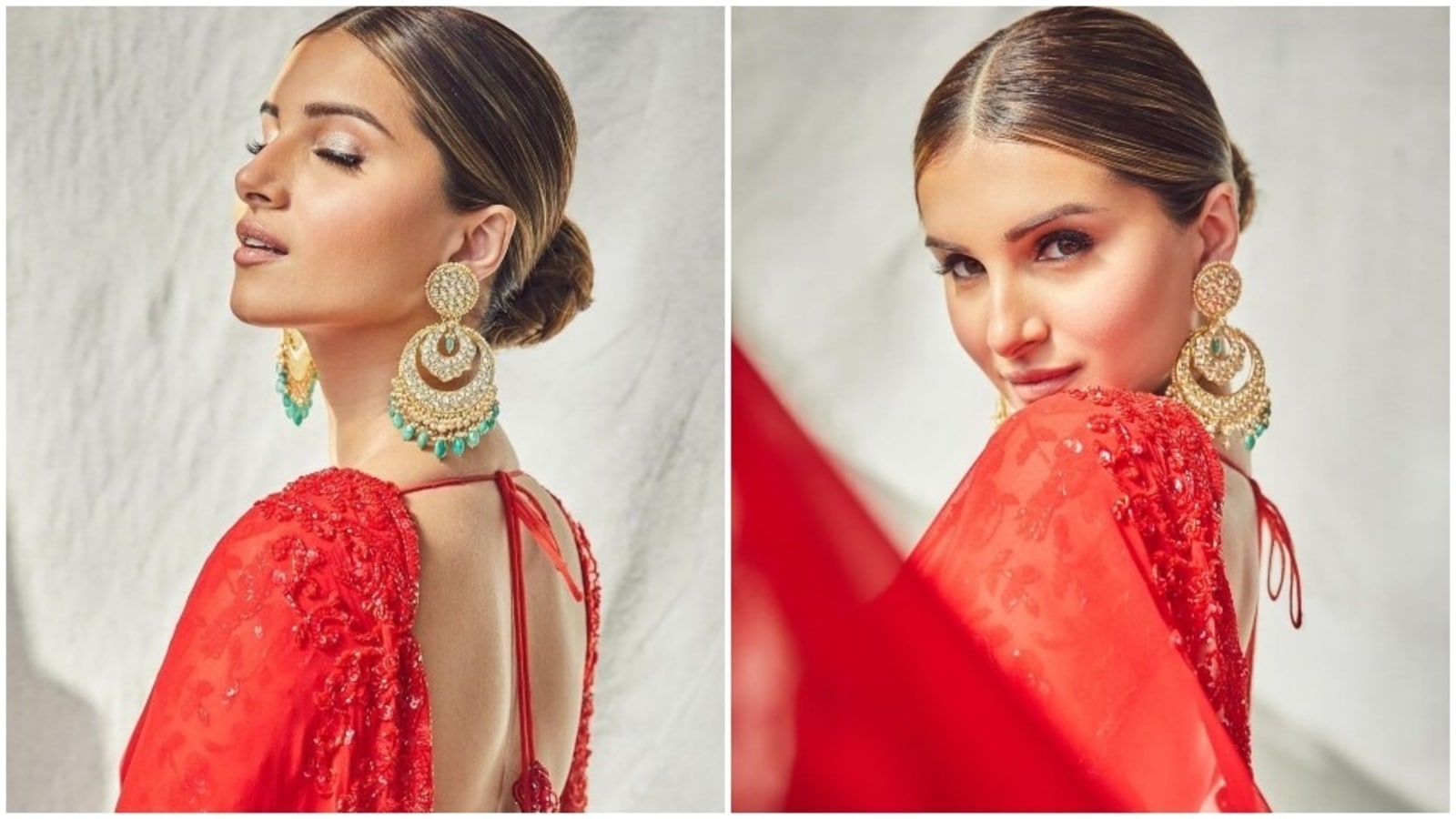 Tara Sutaria steals hearts in scarlet red georgette saree and backless  blouse