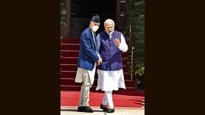 Prime Minister Narendra Modi and Prime Minister of Nepal Sher Bahadur Deuba exchange greetings at Hyderabad House in New Delhi, on Saturday. (Hindustan Times) Prime Minister Narendra Modi and Prime Minister of Nepal Sher Bahadur Deuba exchange greetings at Hyderabad House in New Delhi, on Saturday. (Hindustan Times)