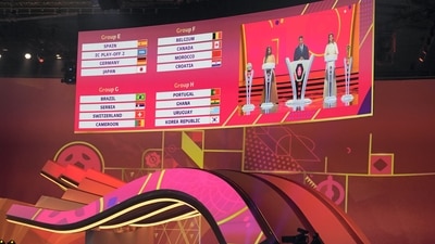Groups E, F, G and H and displayed on screen during the 2022 soccer World Cup draw at the Doha Exhibition and Convention Center (AP) Groups E, F, G and H and displayed on screen during the 2022 soccer World Cup draw at the Doha Exhibition and Convention Center (AP)