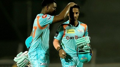 Evin Lewis and Ayush Badoni of Lucknow Super Giants after defeating Chennai Super Kings (PTI) Evin Lewis and Ayush Badoni of Lucknow Super Giants after defeating Chennai Super Kings (PTI)