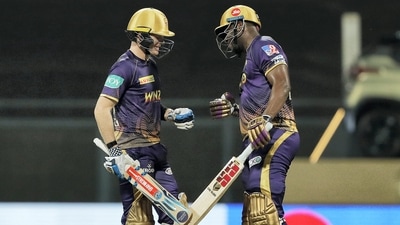 Andre Russell and Sam Billings of Kolkata Knight Riders during match 8 of the Indian Premier League 2022 cricket tournament between the Kolkata Knight Riders and the Punjab Kings, at the Wankhede Stadium in Mumbai, Friday, April 1, 2022. (PTI) Andre Russell and Sam Billings of Kolkata Knight Riders during match 8 of the Indian Premier League 2022 cricket tournament between the Kolkata Knight Riders and the Punjab Kings, at the Wankhede Stadium in Mumbai, Friday, April 1, 2022. (PTI)