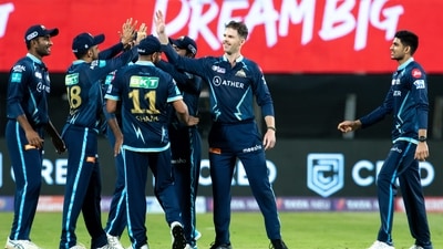 Lockie Ferguson of Gujarat Titans celebrates with teammates after the wicket of Rishabh Pant (PTI) Lockie Ferguson of Gujarat Titans celebrates with teammates after the wicket of Rishabh Pant (PTI)