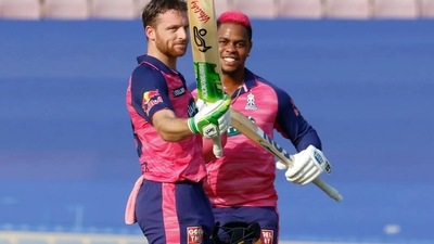 Jos Buttler after reaching his ton against Mumbai Indians (IPLT20.com) Jos Buttler after reaching his ton against Mumbai Indians (IPLT20.com)