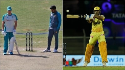 Steve Smith and Babar Azam inspecting pitch during the Test series; MS Dhoni in action during IPL 2022 (AP/IPL)