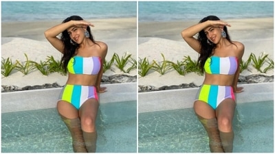 Sara Ali Khan aptly dressed up for a day out with the sun and sea in a multicoloured bikini. (Instagram/@saraalikhan95)
