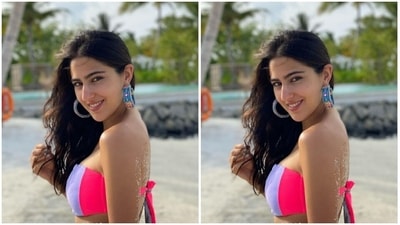 Sara’s bikini came with knot details at the back. In beach wavy curls and a no makeup look, Sara smiled with all her heart for the camera. (Instagram/@saraalikhan95)
