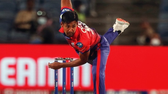 Delhi Capitals Mustafizur Rahman bowls against Gujarat Titans during the IPL 2022 match between Delhi Capitals and Gujarat Titans, at Maharashtra Cricket Association Stadium, in Pune on Saturday.(Delhi Capitals Twitter)