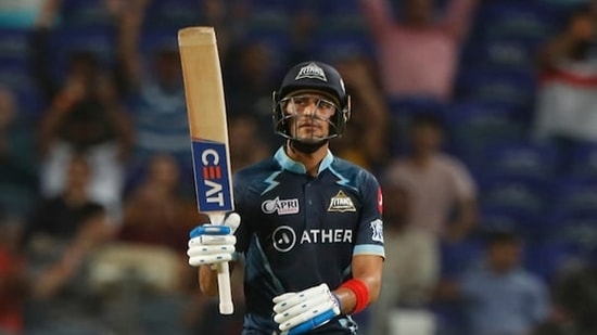 Gujarat Titans Shubman Gill celebrates his half-century during the IPL 2022 match between Delhi Capitals and Gujarat Titans, at Maharashtra Cricket Association Stadium, in Pune on Saturday.(Indian Premier League Twitter)