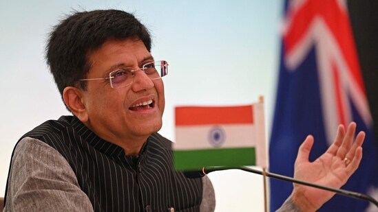India's commerce minister Piyush Goyal addresses a joint press conference after taking part in the virtual signing ceremony of the India-Australia economic cooperation and trade agreement with Australian Trade Minister Dan Tehan, in New Delhi.(AFP)