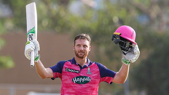 Rajasthan Royals' Jos Buttler celebrates his second IPL century which helped them score 193/8. (PTI)