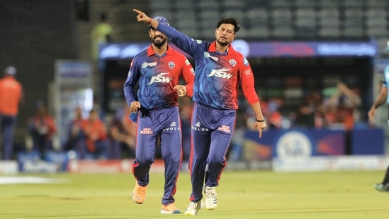 Kuldeep Yadav of Delhi Capitals celebrates the wicket of Vijay Shankar of Gujarat Titans, during match 10 of the Indian Premier League 2022 cricket tournament between the Gujarat Titans and the Delhi Capitals, at the MCA International Stadium in Pune, Saturday, April 2, 2022.(PTI)