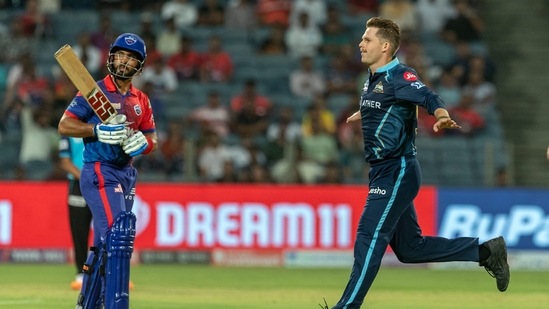Lockie Ferguson of Gujarat Titans celebrates the wicket of Mandeep Singh of Delhi Capitals, during match 10 of the Indian Premier League 2022 cricket tournament between the Gujarat Titans and the Delhi Capitals, at the MCA International Stadium in Pune, Saturday, April 2, 2022.(PTI)