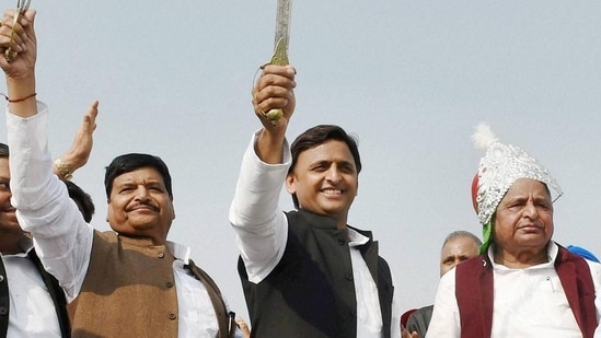 Pragatisheel Samajwadi Party (Lohia) chief Shivpal Singh Yadav with his nephew and Samajwadi Party chief Akhilesh Yadav.(PTI file photo)