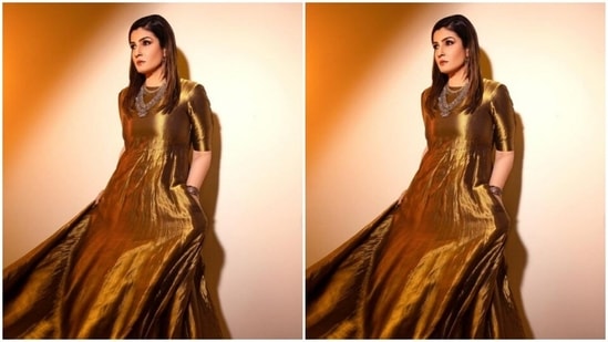 Raveena wore a golden long gown and looked super gorgeous in it.(Instagram/@officialraveenatandon)