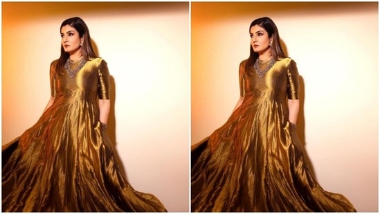 In oxidised earrings, neckpiece and rings from the houses of Nimai and Minerali Store, Raveena aptly accessorised her look.(Instagram/@officialraveenatandon)
