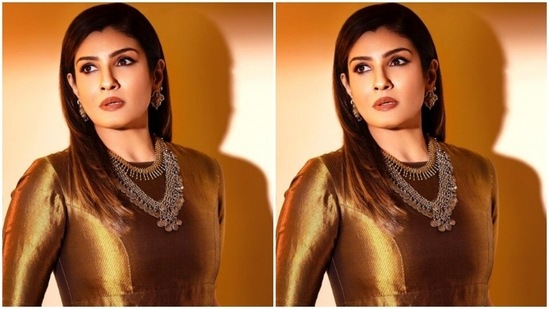 Styled by fashion stylist Surina Kakkar, Raveena wore her tresses open in straight locks with a side part.(Instagram/@officialraveenatandon)