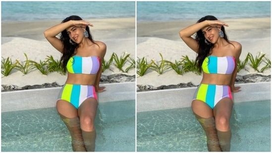 Sara Ali Khan aptly dressed up for a day out with the sun and sea in a multicoloured bikini.(Instagram/@saraalikhan95)