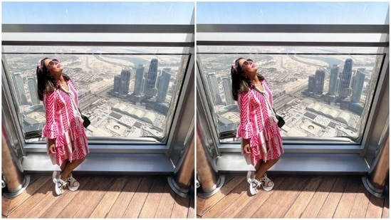 Hina looked pretty in a pink and white printed short dress as she posed for the picture.(Instagram/@realhinakhan)