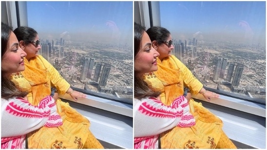 Hina hugged her mother as they looked away from the camera.(Instagram/@realhinakhan)