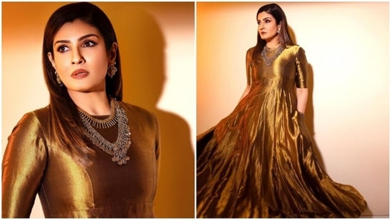 Raveena Tandon’s sartorial sense of fashion always manages to make fashion lovers scurry to take notes. Be it an ethnic attire or a casual ensemble, Raveena can deck up in any attire and make it look better. A day back, Raveena chose to turn Instagram into shades of gold with a slew of pictures of herself decked up in a golden hour outfit. Needless to say, we are drooling.(Instagram/@officialraveenatandon)