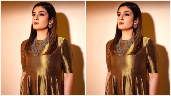 Raveena played muse to the fashion designer house Raw Mango and picked a golden ensemble for the pictures.(Instagram/@officialraveenatandon)