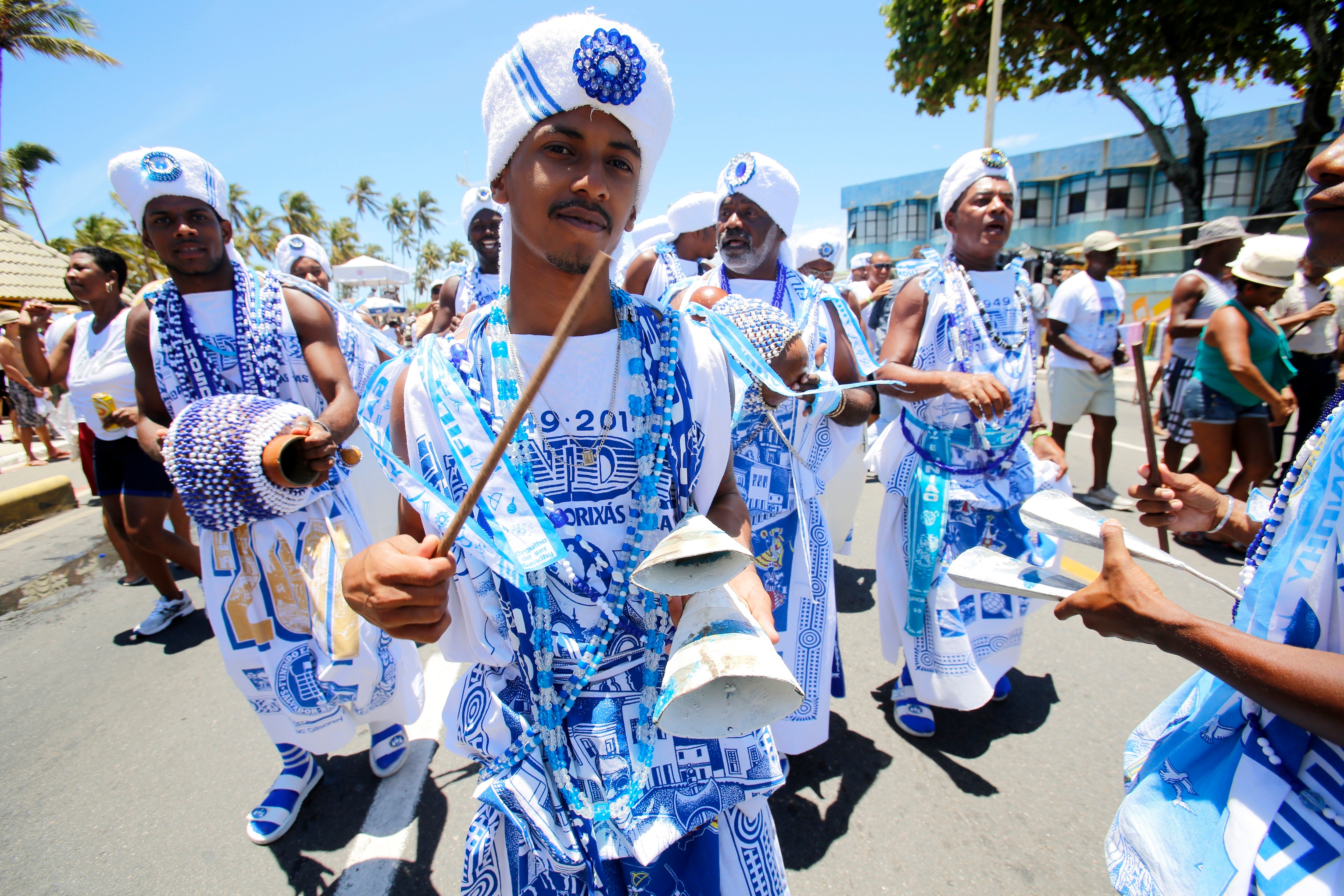 In the Brazilian city of Salvador, one of the most traditional and popular Carnaval parades is the “Afoxé Filhos de Gandhi” (literally “sons of Gandhi”, playing the “afoxé”, a ritual drum used in Afro-Brazilian religions). (Getty Images) In the Brazilian city of Salvador, one of the most traditional and popular Carnaval parades is the “Afoxé Filhos de Gandhi” (literally “sons of Gandhi”, playing the “afoxé”, a ritual drum used in Afro-Brazilian religions). (Getty Images)