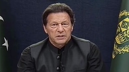 Pakistan Prime Minister Imran Khan addresses the nation, in Islamabad on Saturday. (ANI Photo/PTV)