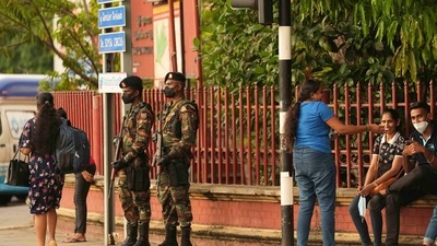 Sri Lankan army soldiers stand guard in Colombo, Sri Lanka, Saturday, April 2, 2022. Sri Lanka imposed a countrywide curfew starting Saturday evening until Monday morning,&nbsp; (AP)