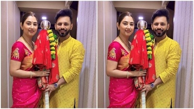 Disha and Rahul wore traditional ensembles for the festivities and clicked pictures with the Gudi - made by tying a piece of fresh cloth around a bamboo stick. They also placed Neem leaves and garland on top of the Gudi. (Instagram/@dishaparmar) Disha and Rahul wore traditional ensembles for the festivities and clicked pictures with the Gudi - made by tying a piece of fresh cloth around a bamboo stick. They also placed Neem leaves and garland on top of the Gudi. (Instagram/@dishaparmar)