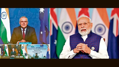 India on Saturday signed AI-ECTA, close on the heels of a similarly important agreement with the UAE in February. (ANI/ PIB) India on Saturday signed AI-ECTA, close on the heels of a similarly important agreement with the UAE in February. (ANI/ PIB)